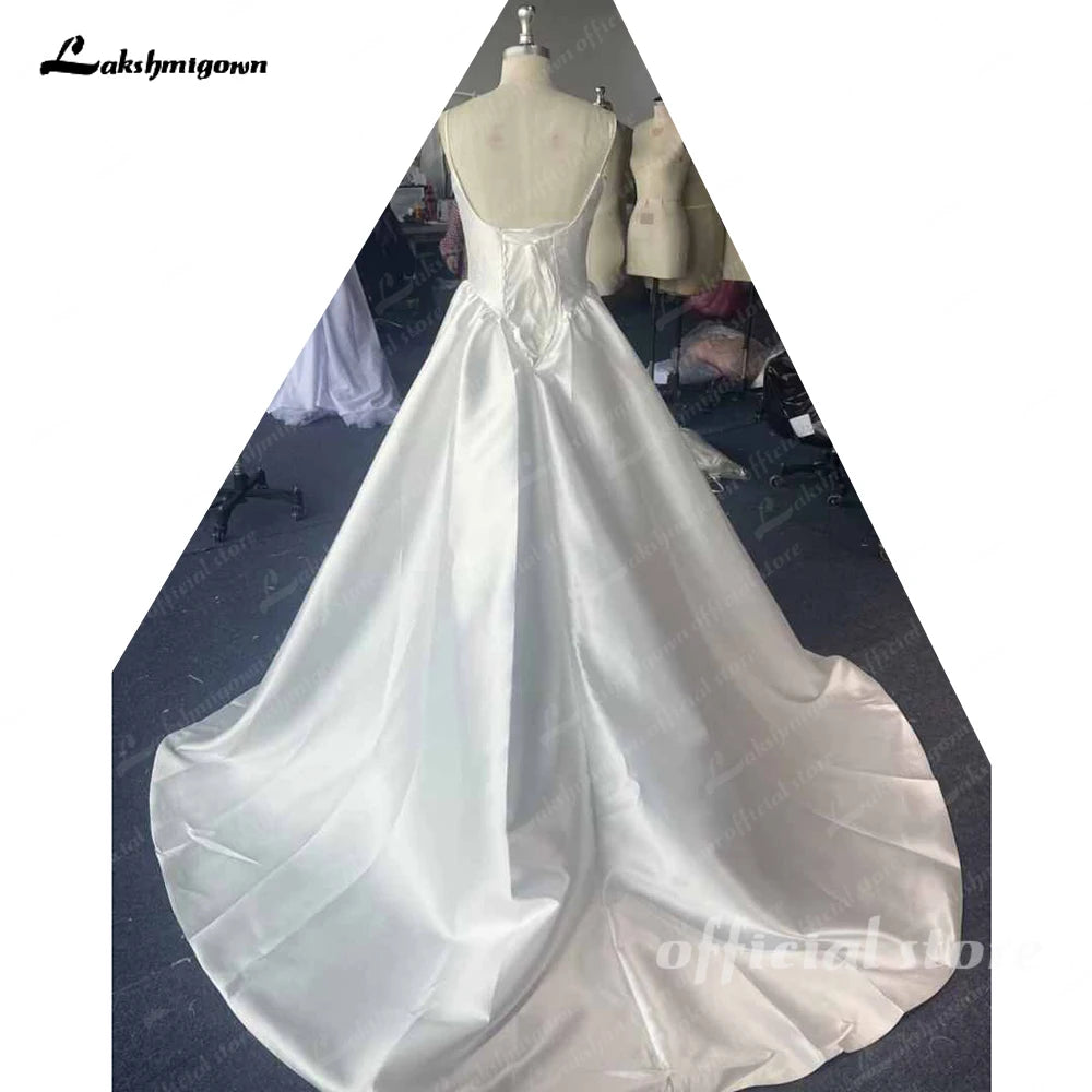 Custom Mikado Satin Church Wedding Dress With Square Neckline For Brides