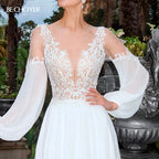 Long Sleeve A Line Wedding Dress With Beaded Appliques Plus Size Gown