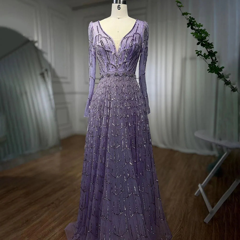 Serene Hill Turquoise Muslim V Neck Long Sleeve Beaded Evening Dress