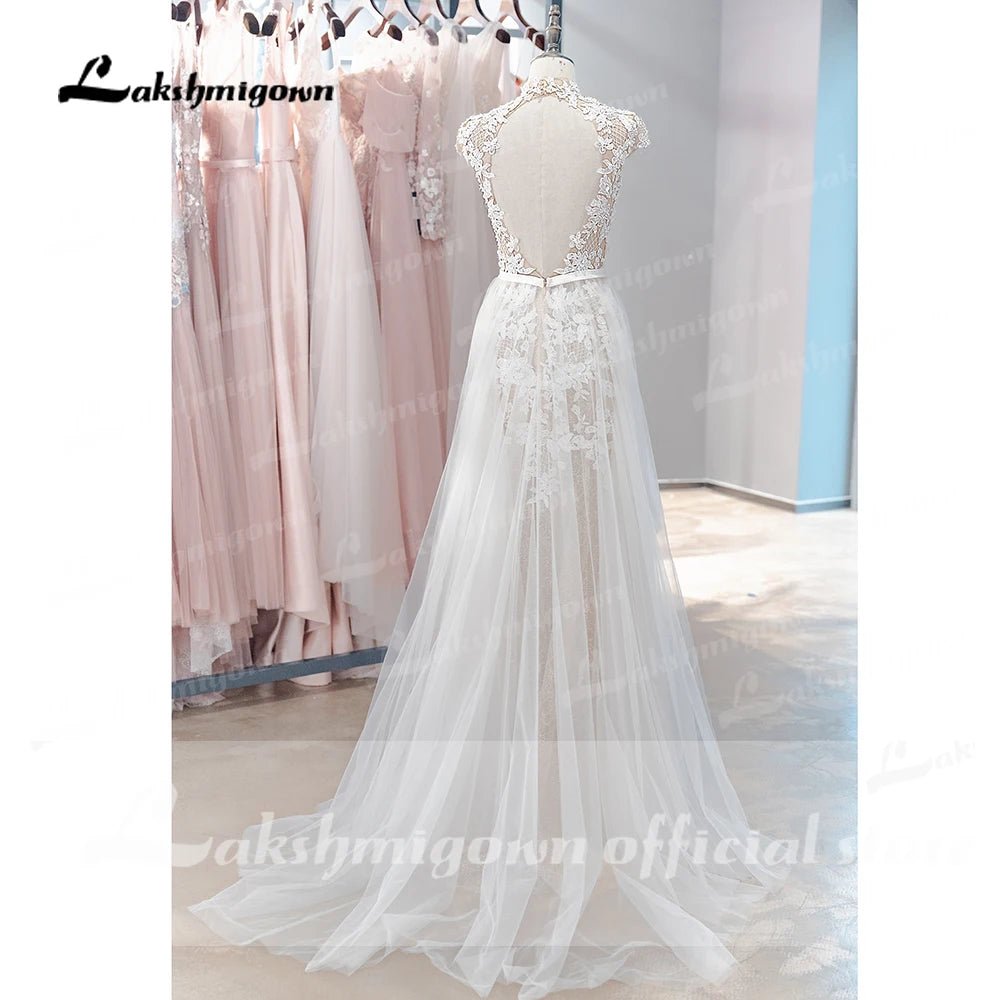 Custom Made Bohemian Wedding Dress Vintage Lace Beaded High Neck Tulle Gown