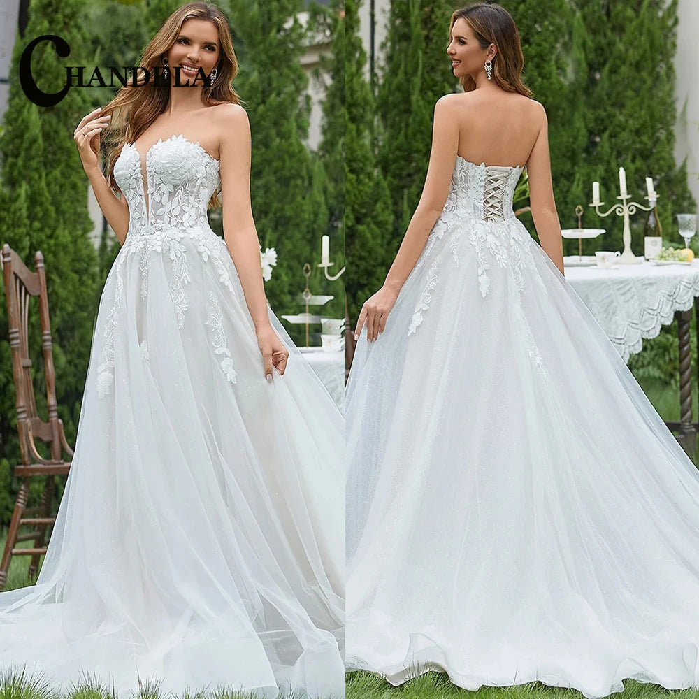 Elegant Lace Wedding Dress Sleeveless Deep V Neck Sparkly Custom Bridal Gown