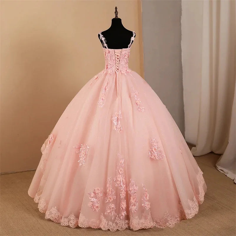 Custom Ball Gown Quinceanera Dress Spaghetti Straps Tulle Appliques Evening Gown