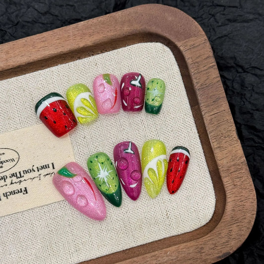 10 uñas postizas de verano con diseño de frutas y purpurina, hechas a mano, con diseño de ojo de gato, estilo hawaiano, con dopamina. 