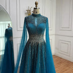 Custom Elegant Modest Blue Beaded Dubai Gown With Cape Sleeves