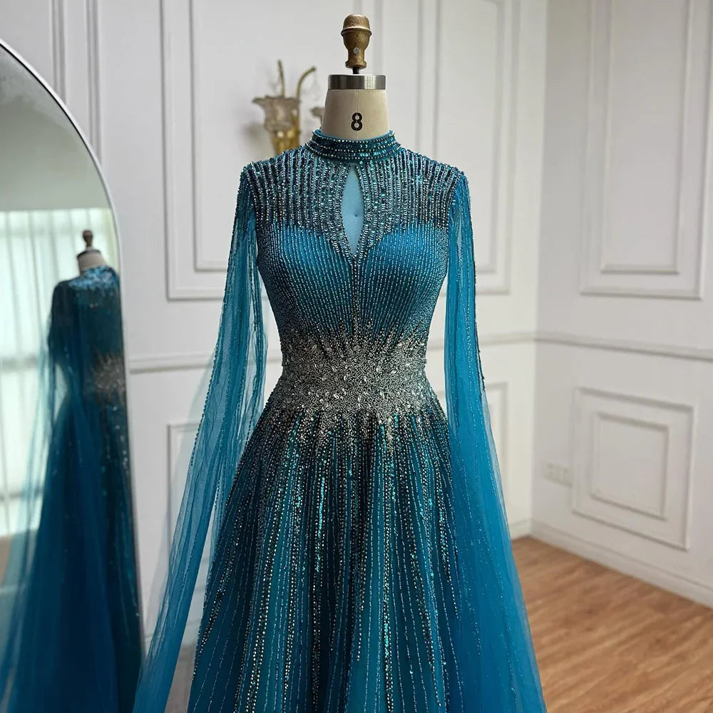 Custom Elegant Modest Blue Beaded Dubai Gown With Cape Sleeves
