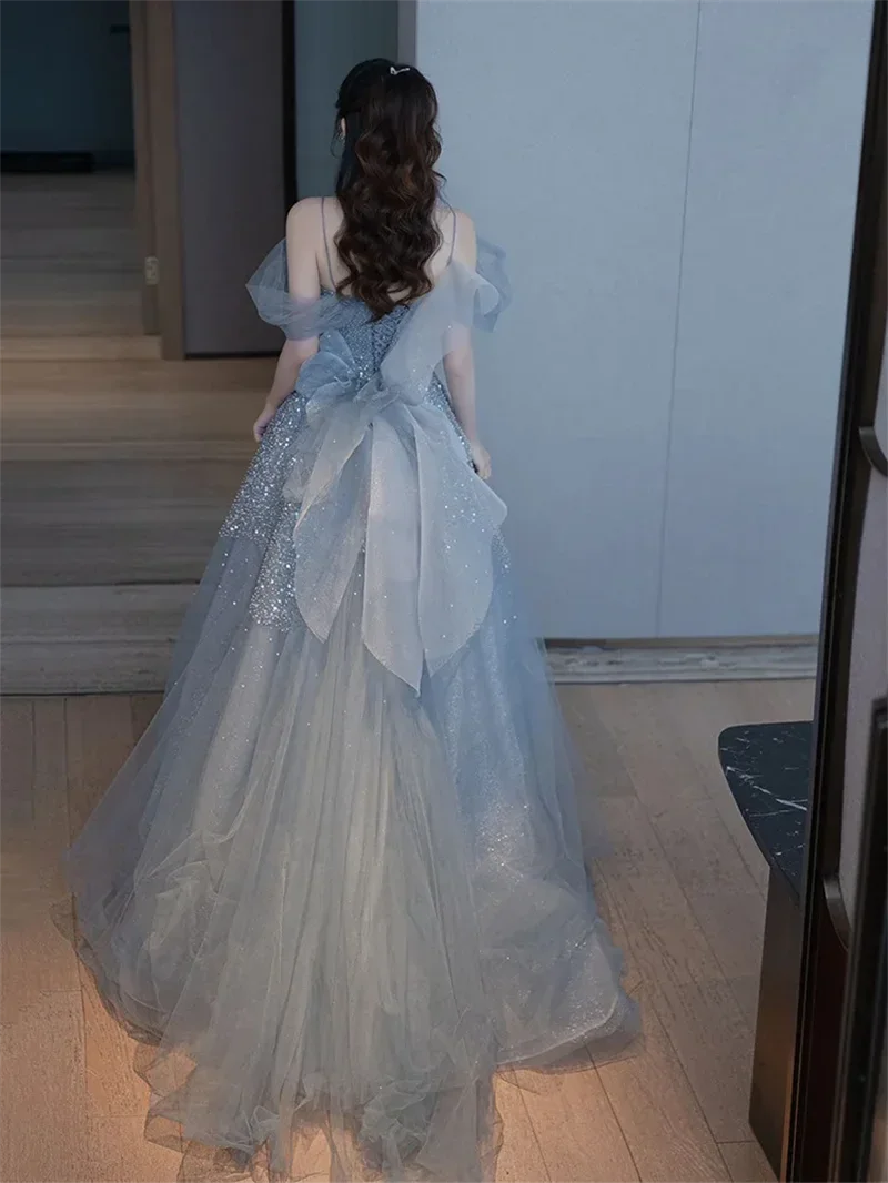 2025 Neue Elegante Rücken-Tüll-Schleife Mit Schleppe A-Linien-Abendkleider Sexy Schulterfreies Geburtstagsfestkleid