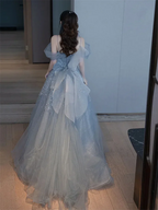 2025 Neue Elegante Rücken-Tüll-Schleife Mit Schleppe A-Linien-Abendkleider Sexy Schulterfreies Geburtstagsfestkleid