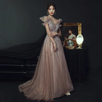 Elegant Off Shoulder Mesh Cheongsam Formal Evening Party Applique Maxi Dress