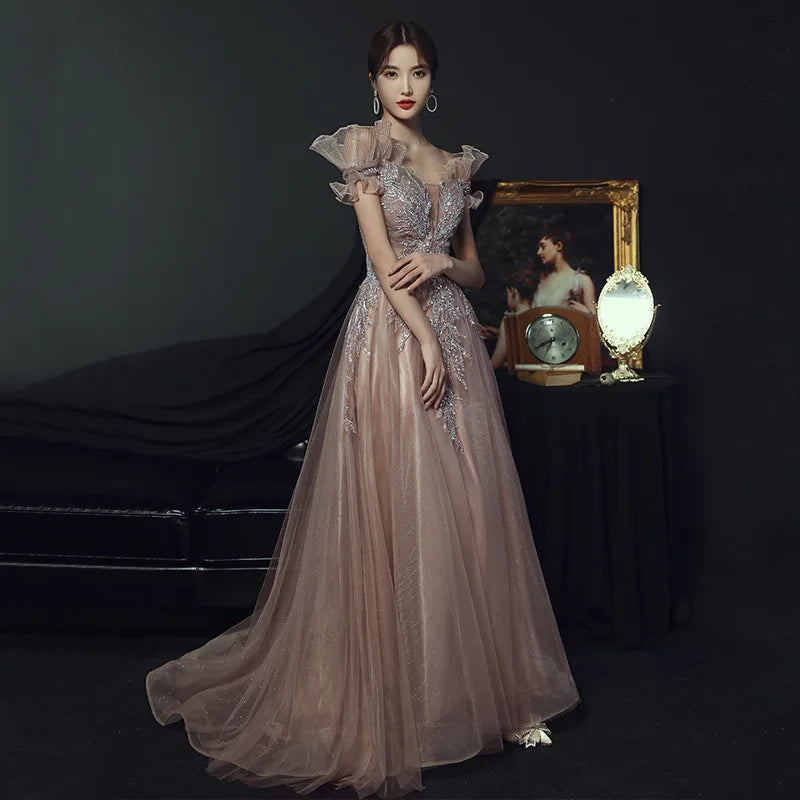 Elegant Off Shoulder Mesh Cheongsam Formal Evening Party Applique Maxi Dress