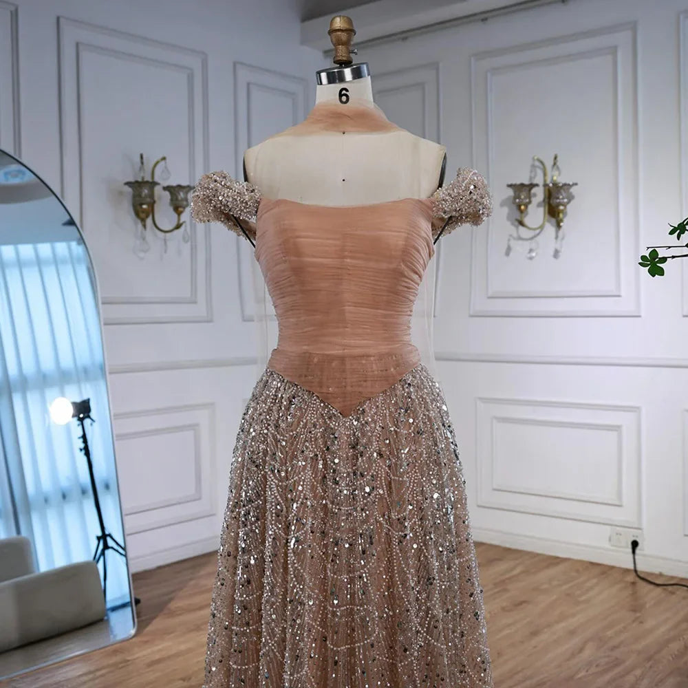 Vestido de Noite de Luxo com Pérolas Cor-de-Rosa Árabes Engastadas e Capa LA72922