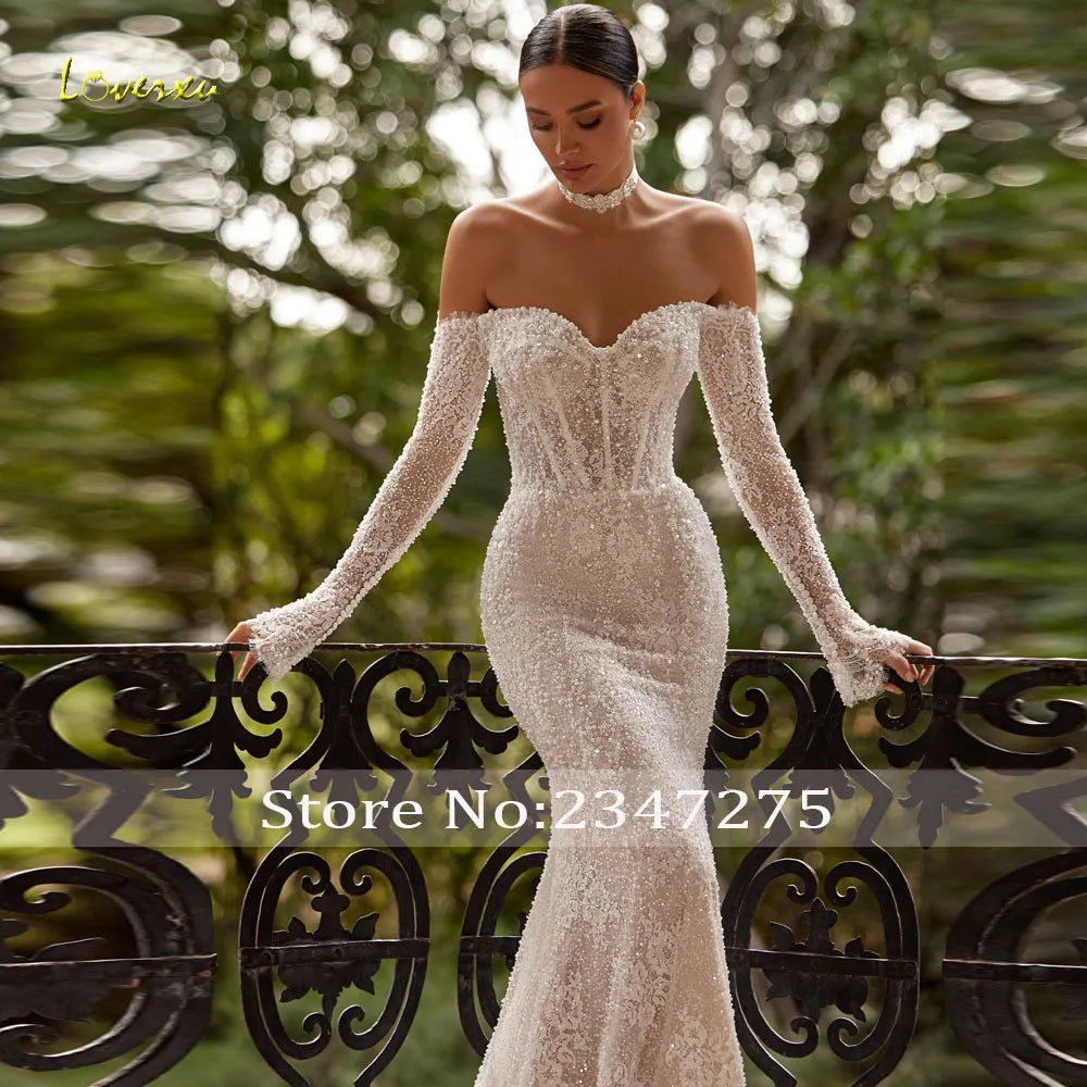 Mermaid Off The Shoulder Lace Beaded Pearls Custom Wedding Dress