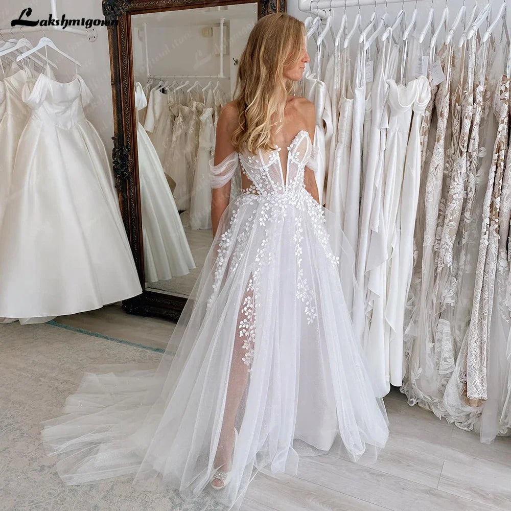 Custom Lace Boho Off Shoulder Wedding Gown With Detachable Sleeves