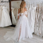 Custom Lace Boho Off Shoulder Wedding Gown With Detachable Sleeves