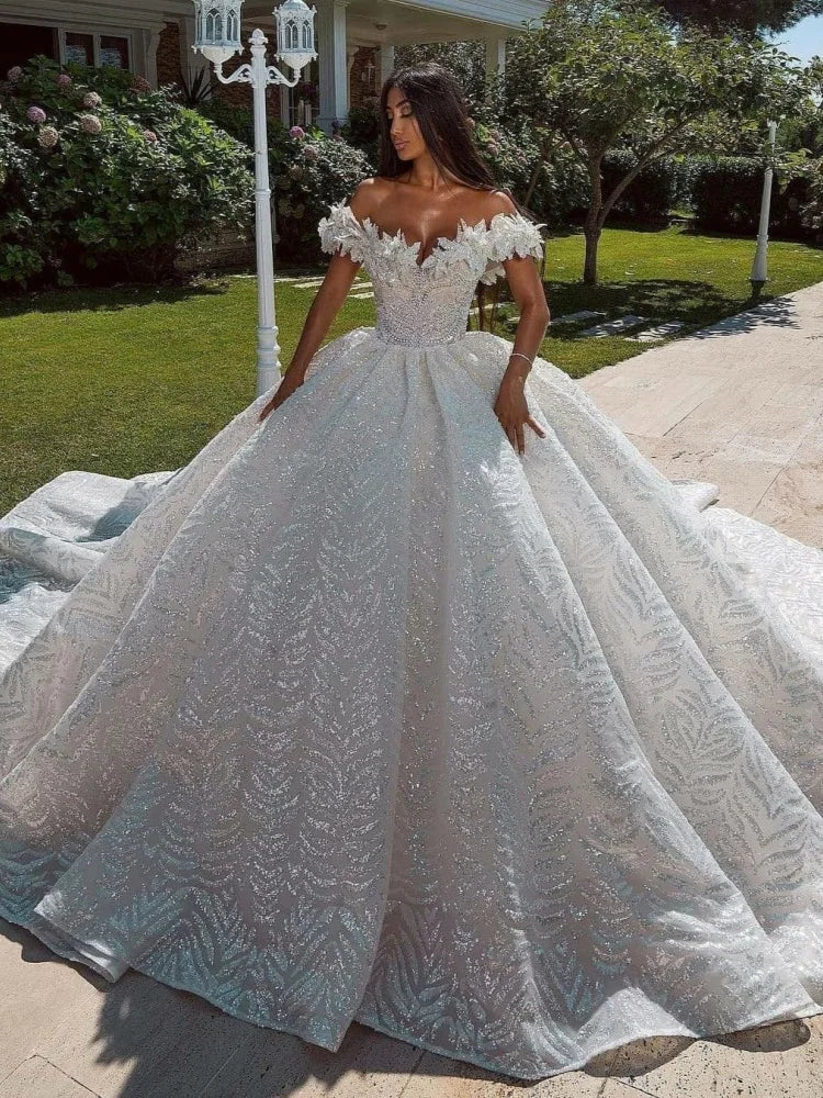 Luxury Off Shoulder Ball Gown Wedding Dress With 3D Floral Glitter