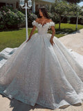 Luxury Off Shoulder Ball Gown Wedding Dress With 3D Floral Glitter