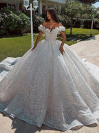 Luxury Off Shoulder Ball Gown Wedding Dress With 3D Floral Glitter