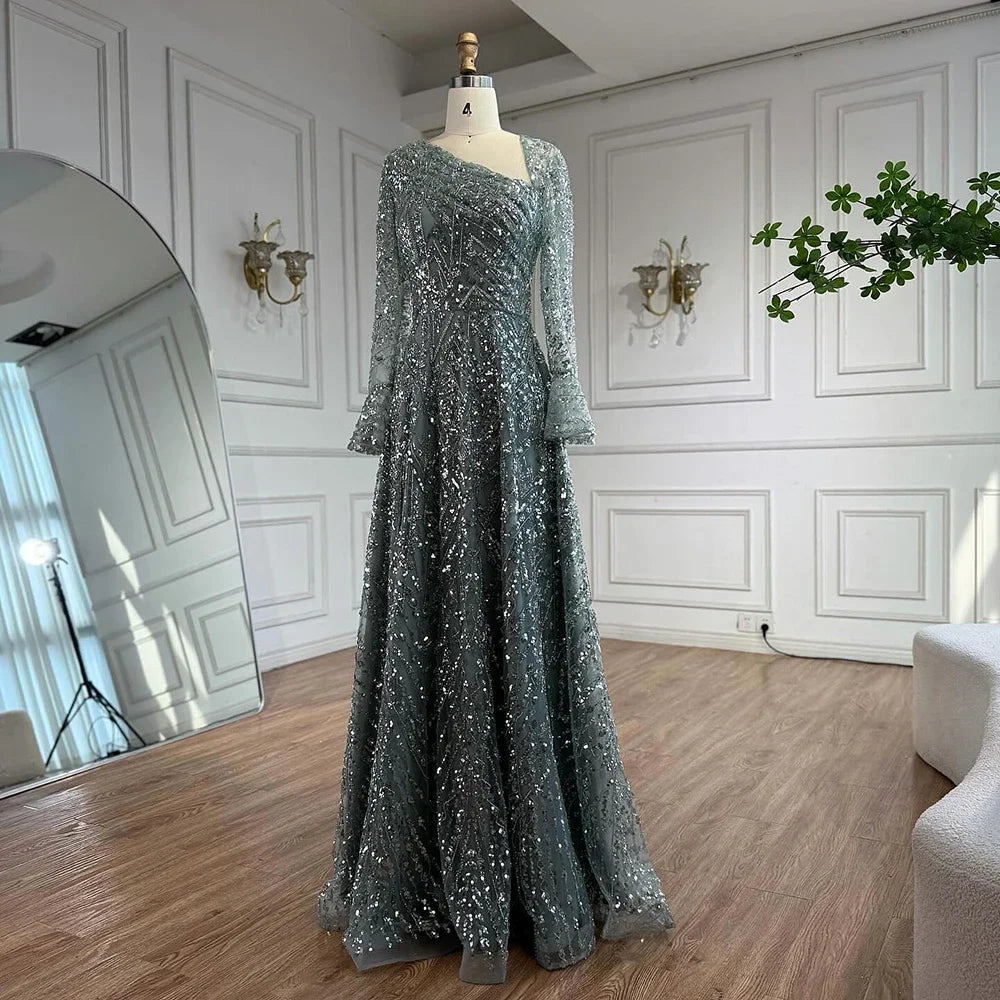 Turquoise Beaded A Line Evening Dress With Long Sleeves For Women Custom