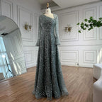 Turquoise Beaded A Line Evening Dress With Long Sleeves For Women Custom