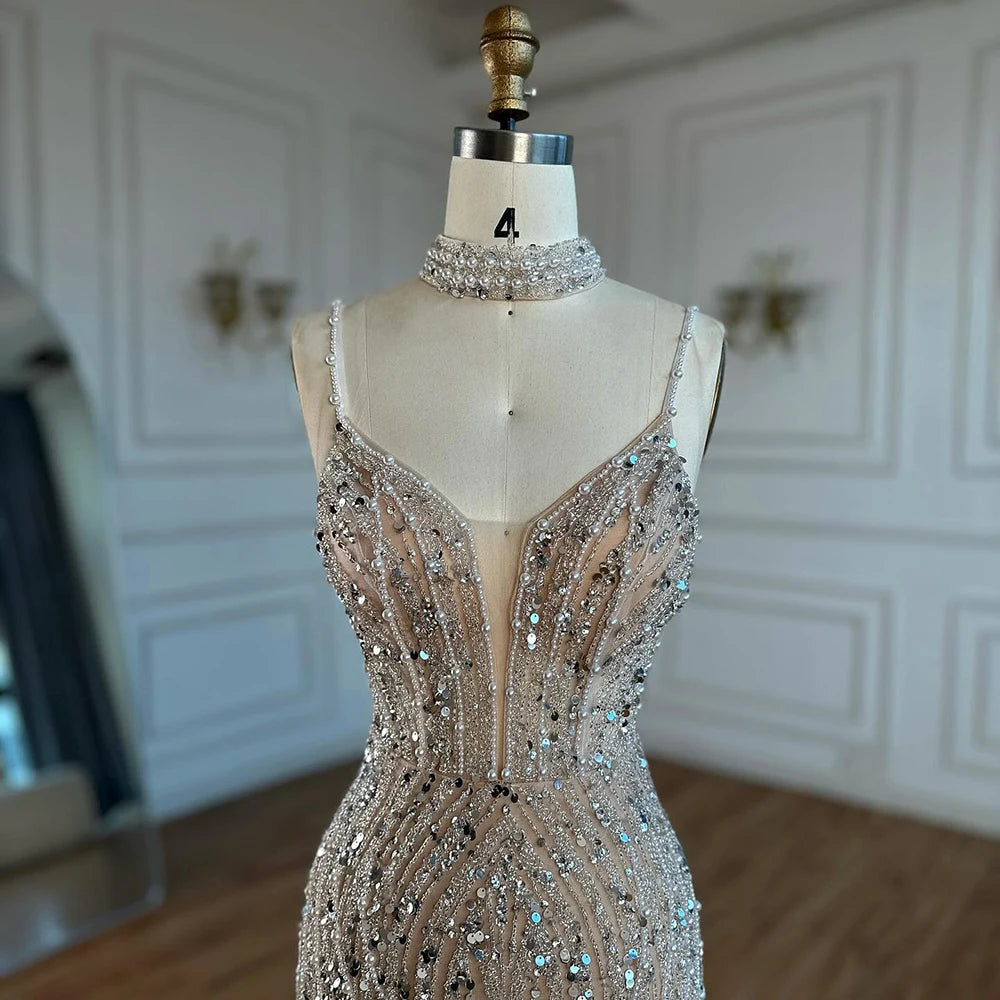 Serene Hill Nude Mermaid Beaded Evening Gown Customized Ankle Length Dress