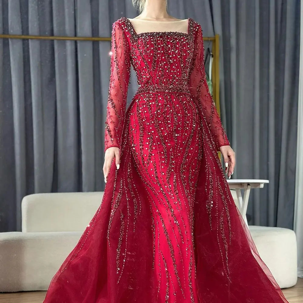 Serene Hill Wine Red Long Sleeve Mermaid Beaded Evening Dress For Women