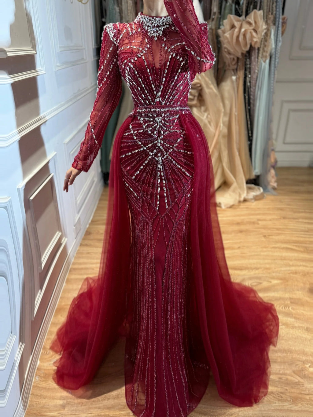 Serene Hill Custom Nude Muslim Mermaid Evening Gown Long Sleeves