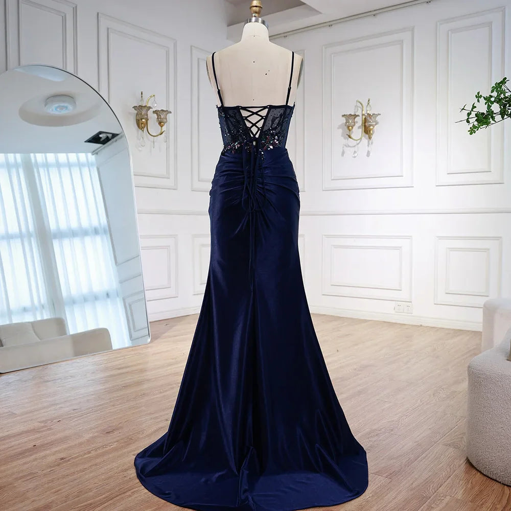Classy Navy Satin Prom Dress with Lace Beaded and Slit LA73003