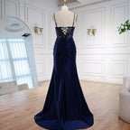 Classy Navy Satin Prom Dress with Lace Beaded and Slit LA73003