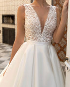 SoDigne Custom A Line V Neck Satin Country Wedding Dress With Appliques