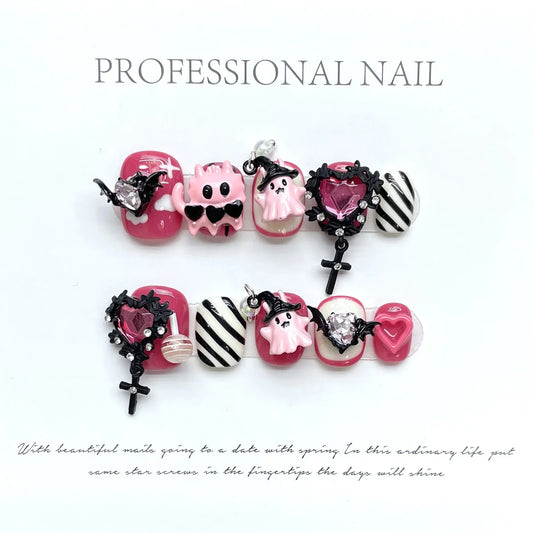 10 uñas postizas con temática de Halloween, diseño 3D de corazón de diablo, uñas postizas redondas cortas de color rosa, hechas a mano. 