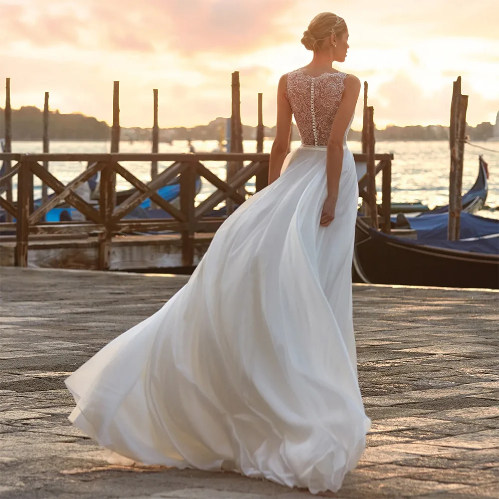 Vestido de novia sencillo y generoso de línea A de gasa para mujer, escote en V, sin mangas, con aplicaciones de encaje, vestido de novia personalizado, vestidos para novias de boda