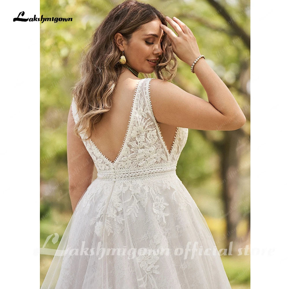 Plus Size Boho Lace A Line V Neck Customized Wedding Dress
