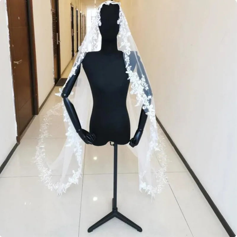 Ivory One Layer Cathedral Wedding Veil With Lace Appliqued Edge