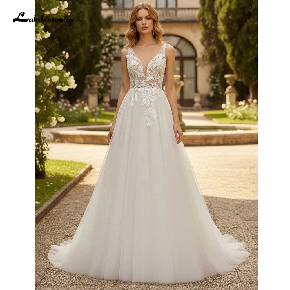 Customized A Line Tulle Wedding Dress With Open Back And Appliques