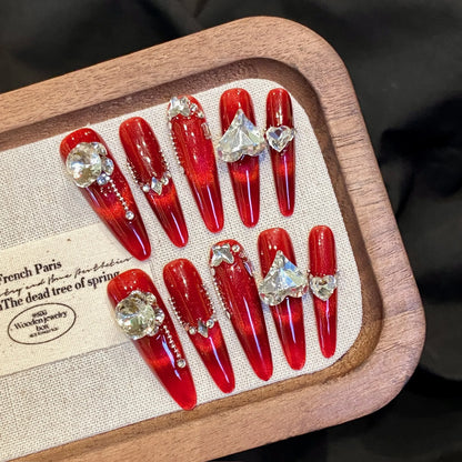 10 uñas postizas rojas hechas a mano, largas, estilo punk, con diseño de flores de diamante brillante Y2K, parches para uñas postizas. 