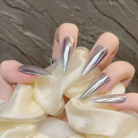 10 uñas postizas plateadas hechas a mano, brillantes, largas, almendradas, cobertura completa, estilo bailarina, para niñas. 