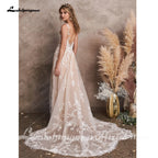 Champagne A Line Custom Wedding Dress V Neck Lace Applique Gown