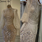 Custom Silver Beaded Mermaid Evening Dress With Full Sleeves For Women