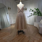 Customized Nude A Line Midi Prom Dress Glitter Beaded Evening Party Gown