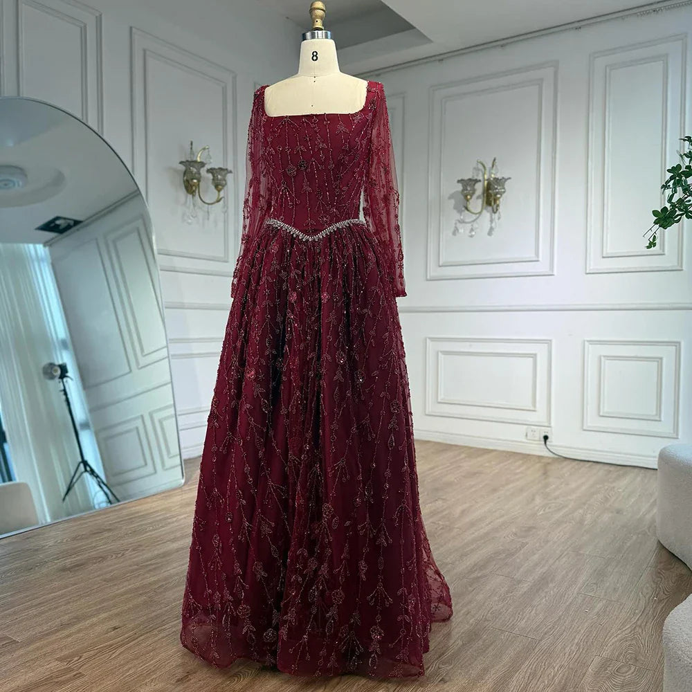 Luxury Sage Green Beaded Evening Dress with Long Sleeves LA72805B