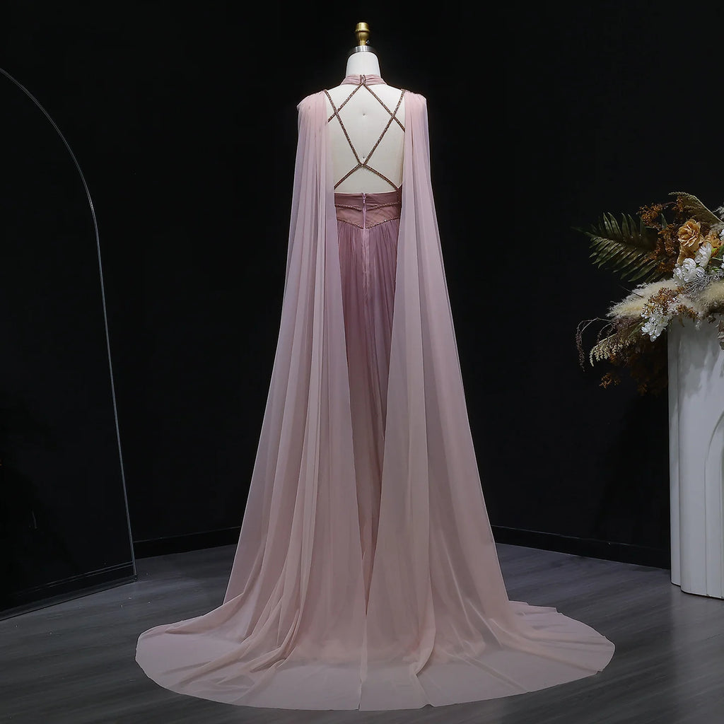 Sharon Said Ombre Pink Elegant Evening Dress with Cape Sleeve Criss Cross Halter Backless Women's Party Gowns SS309 Customized