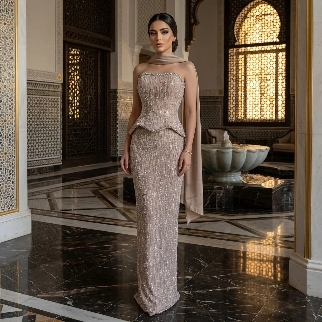 Luxury Beaded Strapless Peplum Evening Gown For Women Formal Wedding Dress