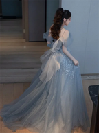 2025 Neue Elegante Rücken-Tüll-Schleife Mit Schleppe A-Linien-Abendkleider Sexy Schulterfreies Geburtstagsfestkleid