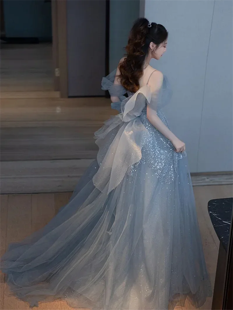 2025 Neue Elegante Rücken-Tüll-Schleife Mit Schleppe A-Linien-Abendkleider Sexy Schulterfreies Geburtstagsfestkleid