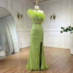 Custom Gray Halter Neck Beaded Mermaid Evening Gown With Feathers