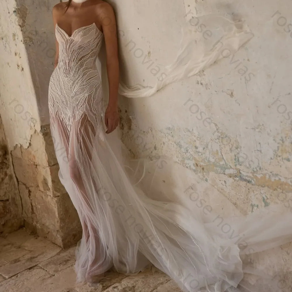 Customized Ivory Mermaid Wedding Dress Strapless Sweetheart Beaded Cape Gown