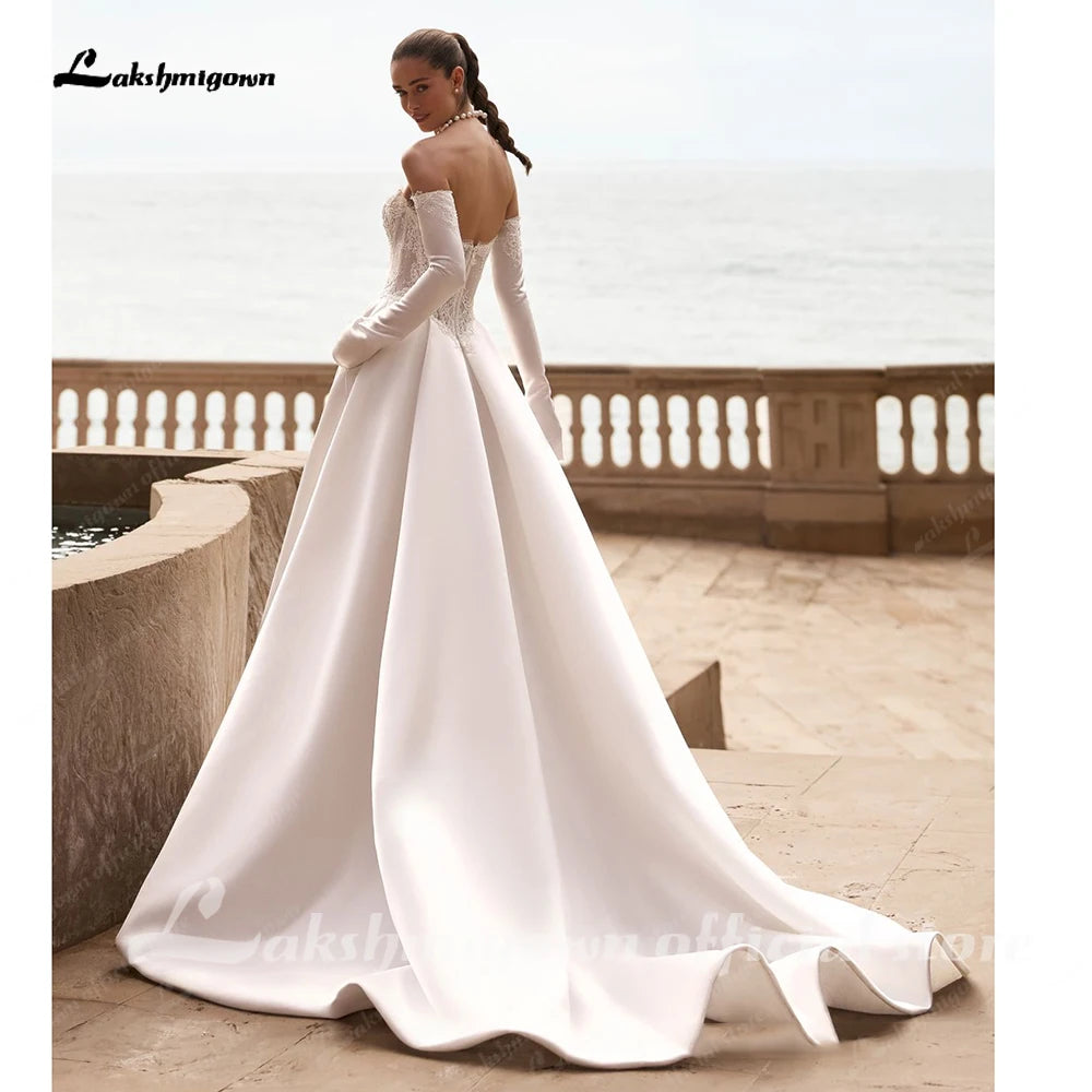Lakshmigown Custom A Line Lace Satin Wedding Dress With Court Train