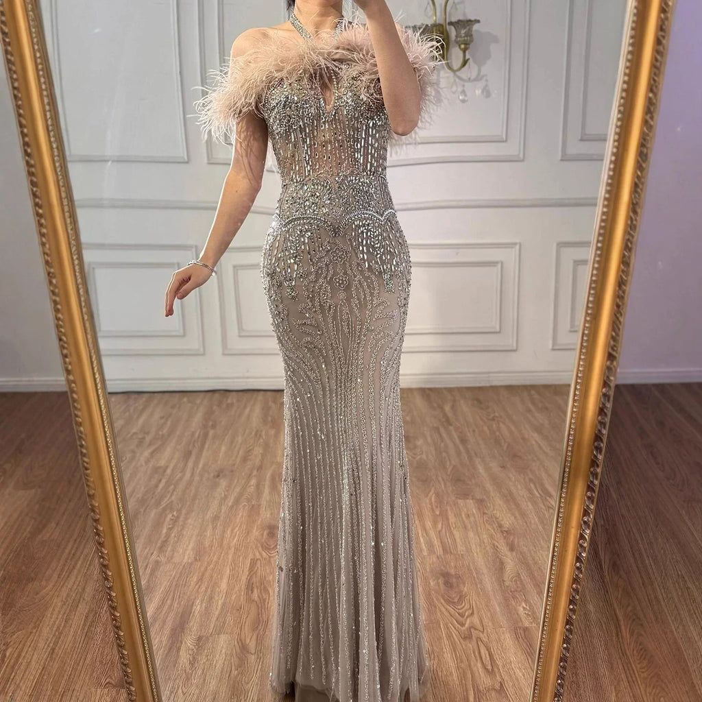Luxury Nude Halter Feather Crystal Evening Dress LA73349