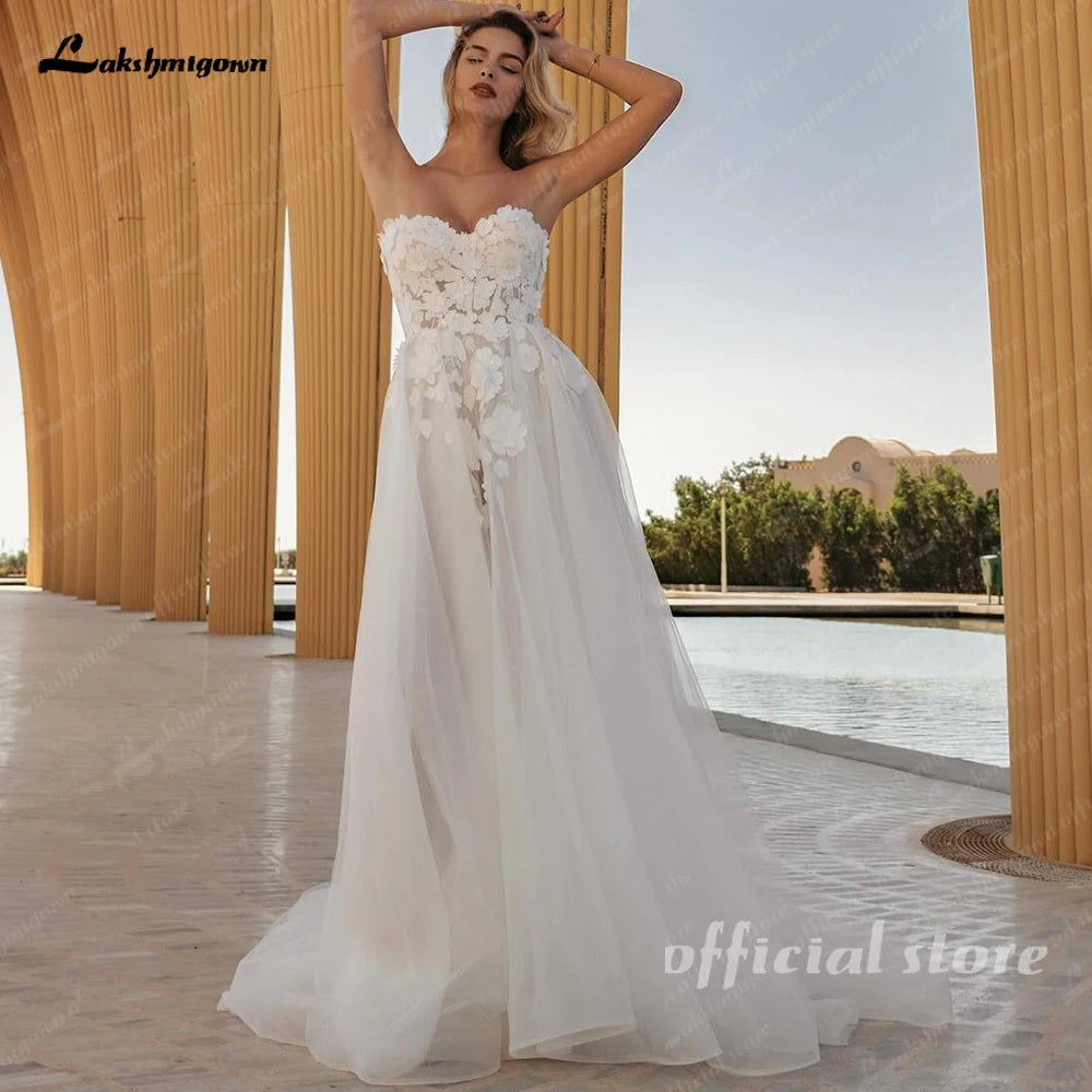 Lakshmigown Modest Sweetheart Wedding Dress With 3D Lace Slit Custom Bridal Gown