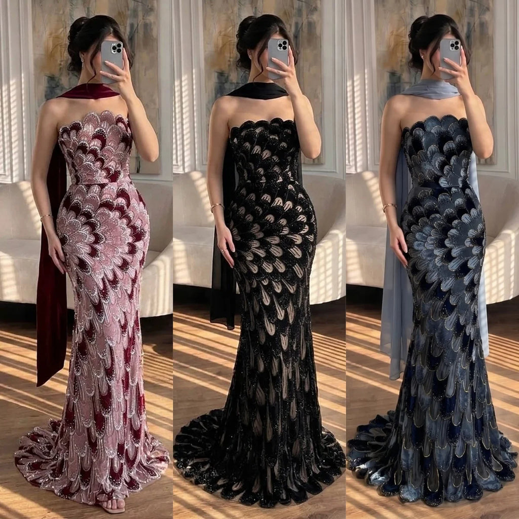 Serene Hill Black Strapless Mermaid Evening Dress With Scarf Formal Gown