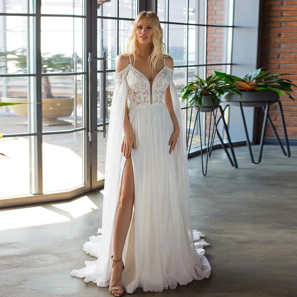 Elegant Beach Wedding Dress With High Side Slit And Lace